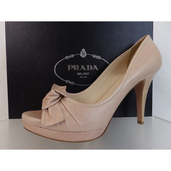NIB PRADA DUSTY PINK DISTRESSED LEATHER BOW PLATFORM PEEP TOE PUMPS 40 $795 - Picture 4 of 11